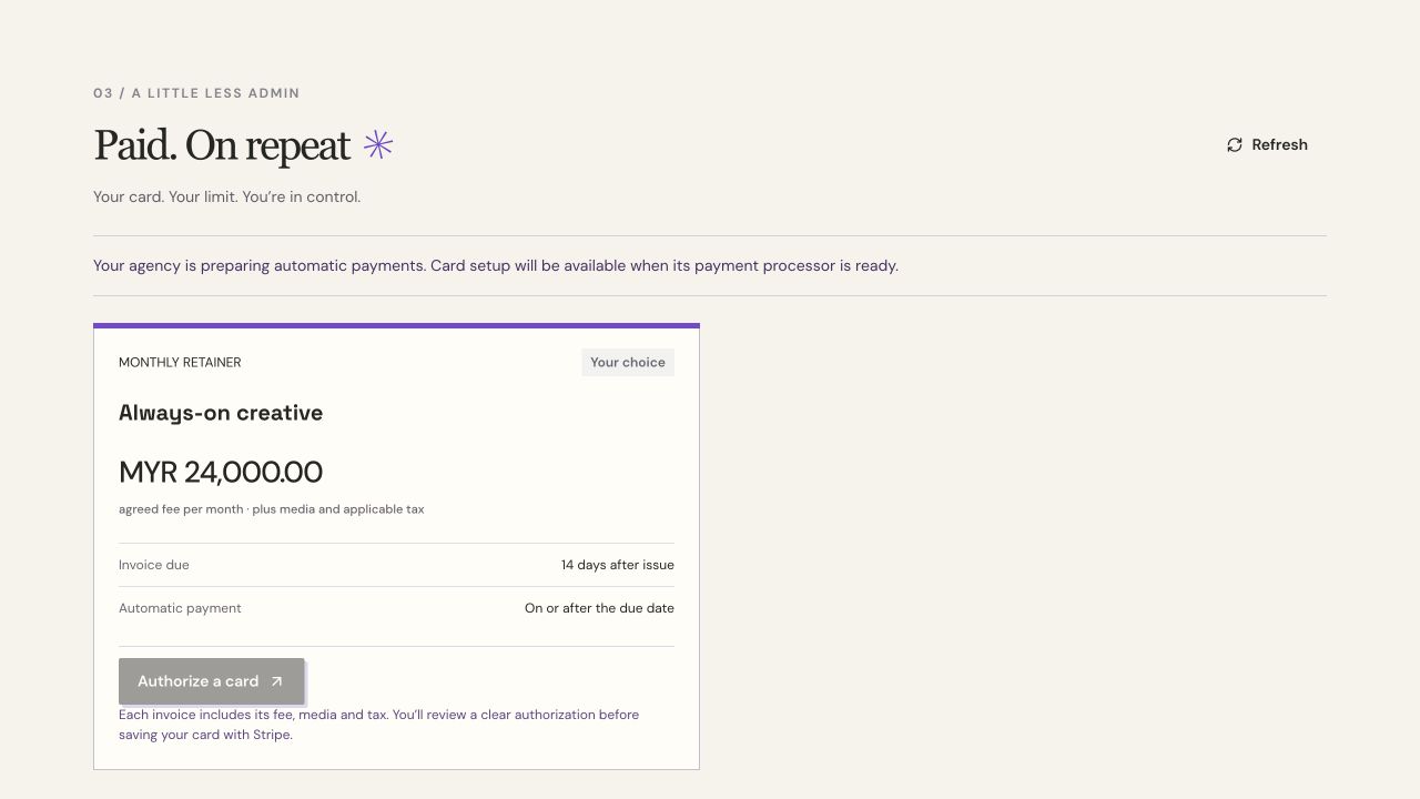 Client payment screen showing invoices and payment authorization
