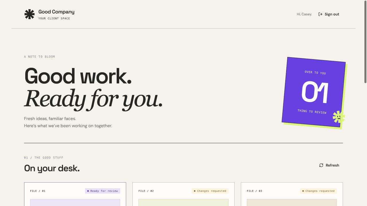 Offbeat client portal showing work ready for review
