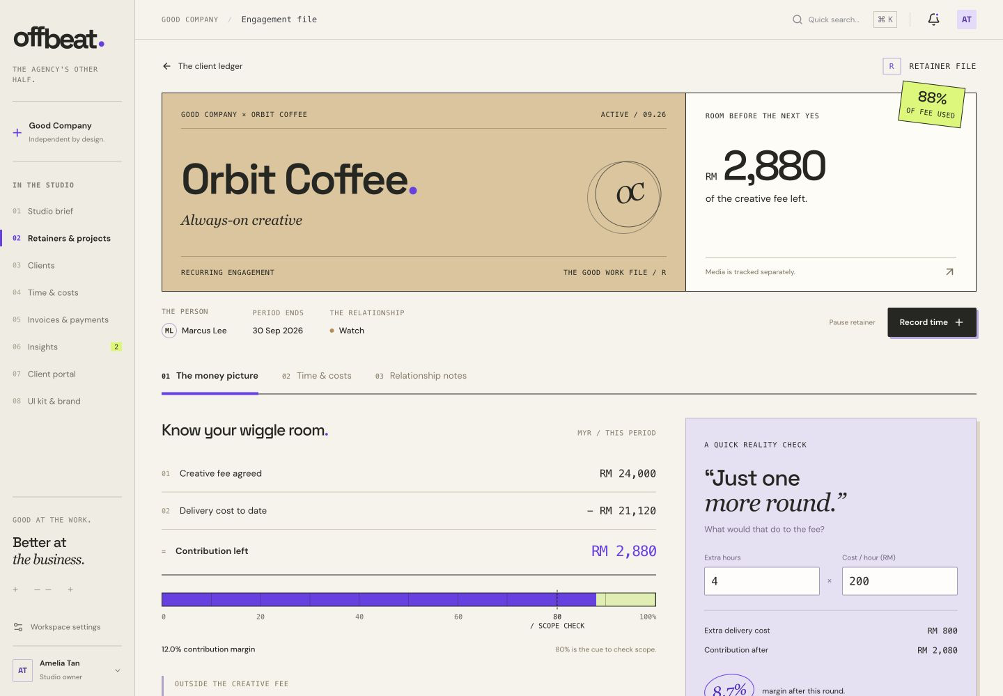 Sample retainer file in the Offbeat agency workspace