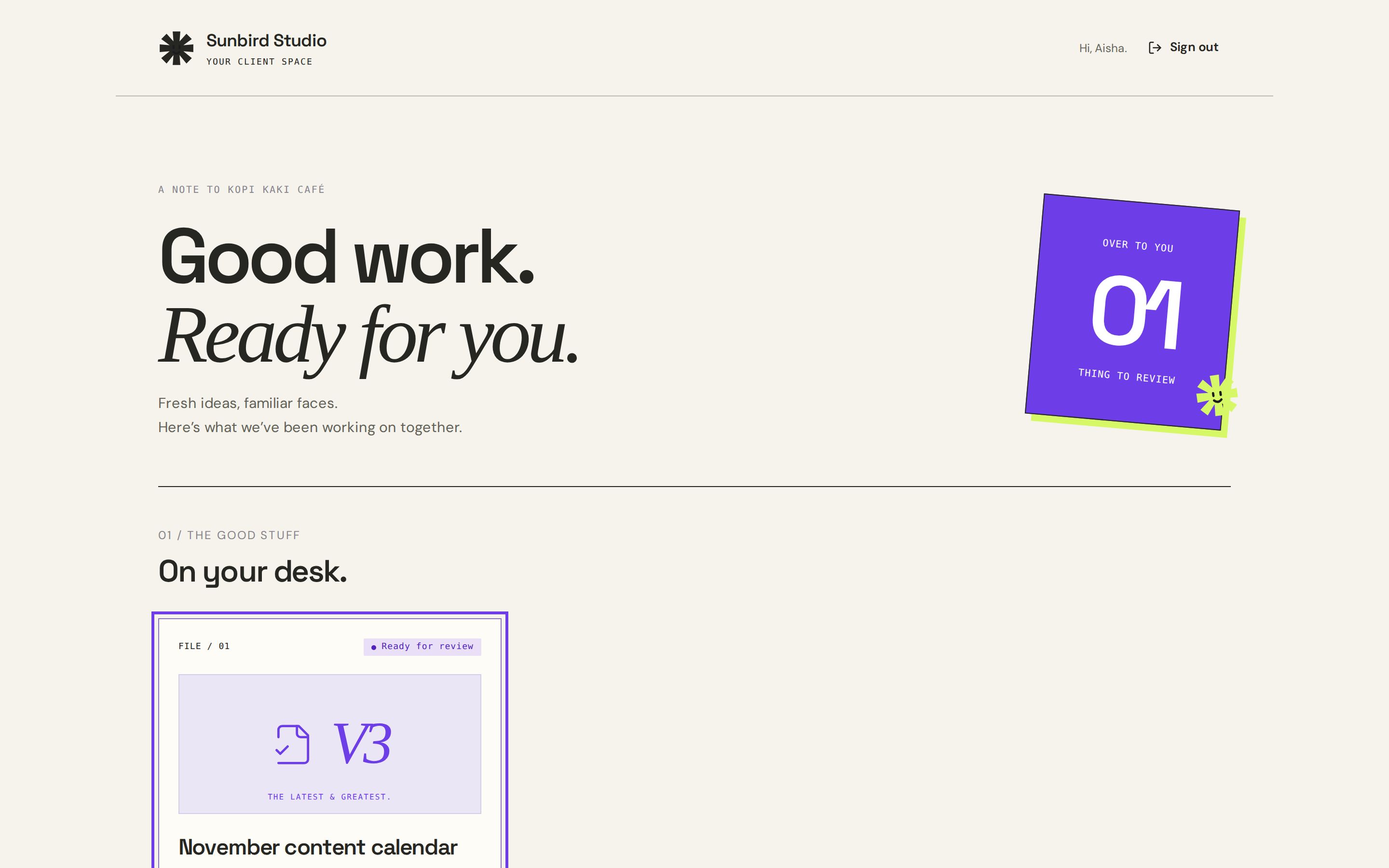 The Offbeat client space, where a client sees work ready for their review