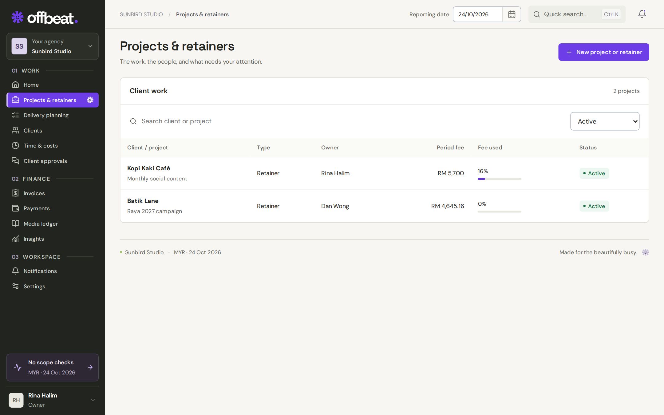 Offbeat projects and retainers list showing each client’s period fee, fee used and status