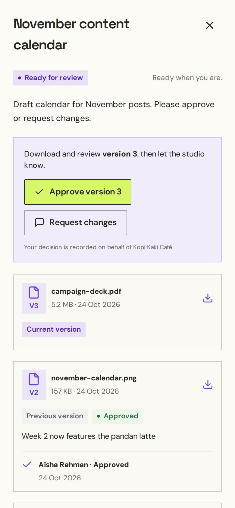 A client reviewing version 3 of a content calendar, with Approve and Request changes buttons