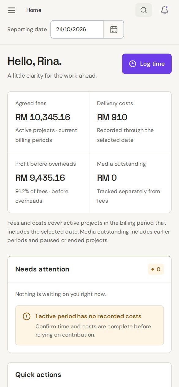 Offbeat home on a phone with agreed fees, delivery costs and profit before overheads