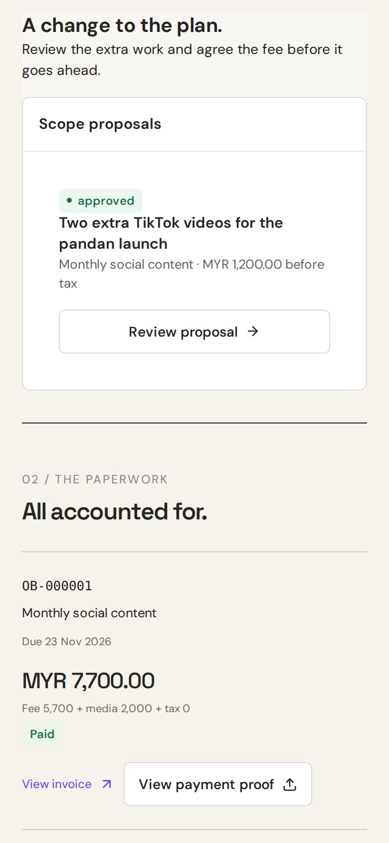 The client space on a phone showing an approved extra-work proposal and a paid invoice with its payment proof