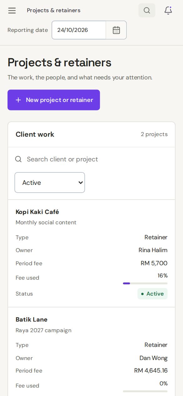 Offbeat on a phone: two client retainers with their period fee, fee used and status