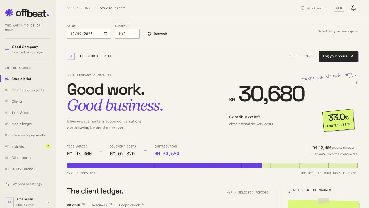Offbeat studio brief with agreed fees, delivery costs and contribution remaining